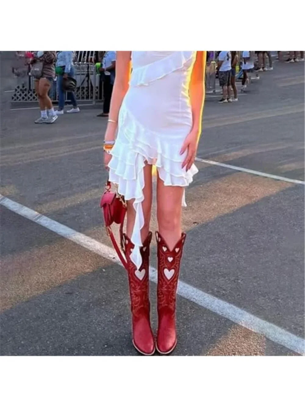 Knee High Boots for Women Heart Embroidered Western Boots Round Toe